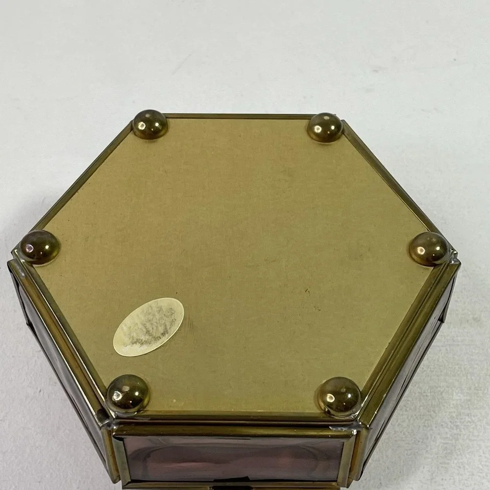 Vintage Purple Glass Jewelry Box Etched Flower Mirrored Brass Base Hexagon